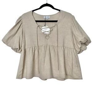 Goblincore Puff Sleeve Blouse Lace Up Peplum Cottagecore Linen Hobbit Earthy